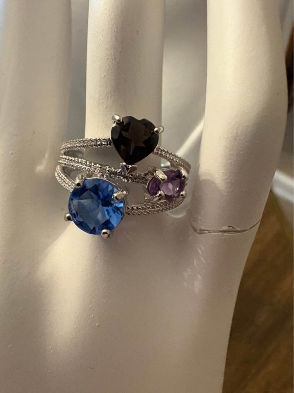 Multi-Gemstone Moissinite Three-Stone Sterling Silver Ring Size 6